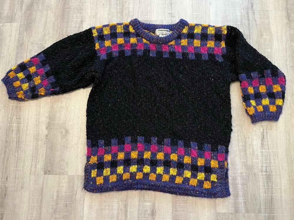 Vintage 80s Naomi Bee Colorful Checkered 3/4 Sleeve Crew Neck Cozy Sweater M